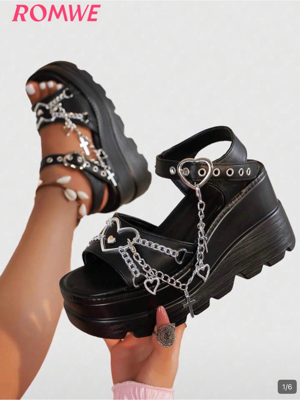 Romwe Black Platform Sandals With Heart Chain Detail
